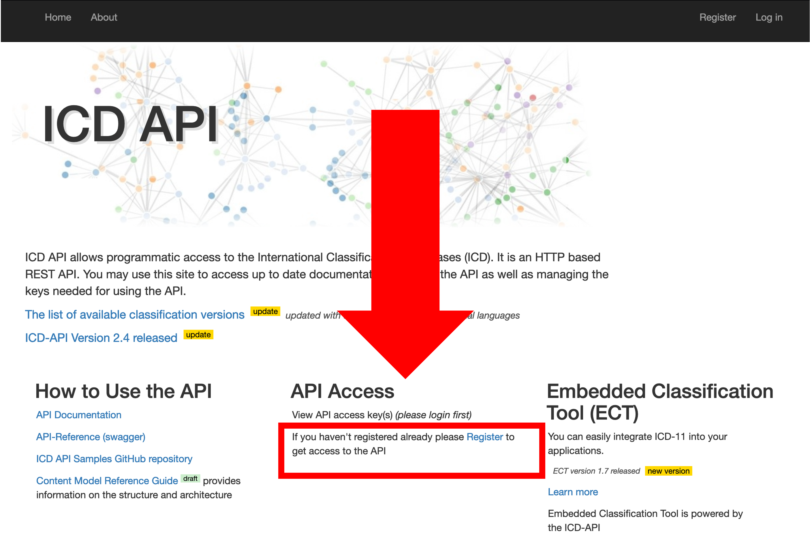 Image of the ICD API website indicating where the Register button for the API lies