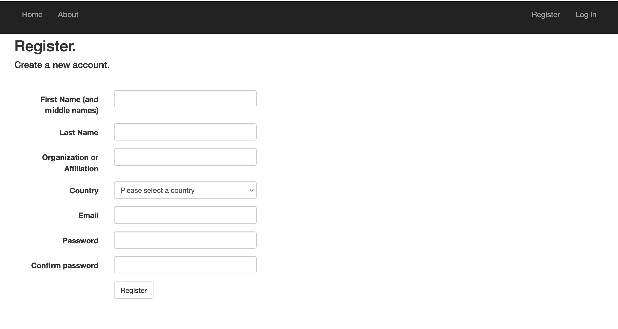 Image of the API website with the register form