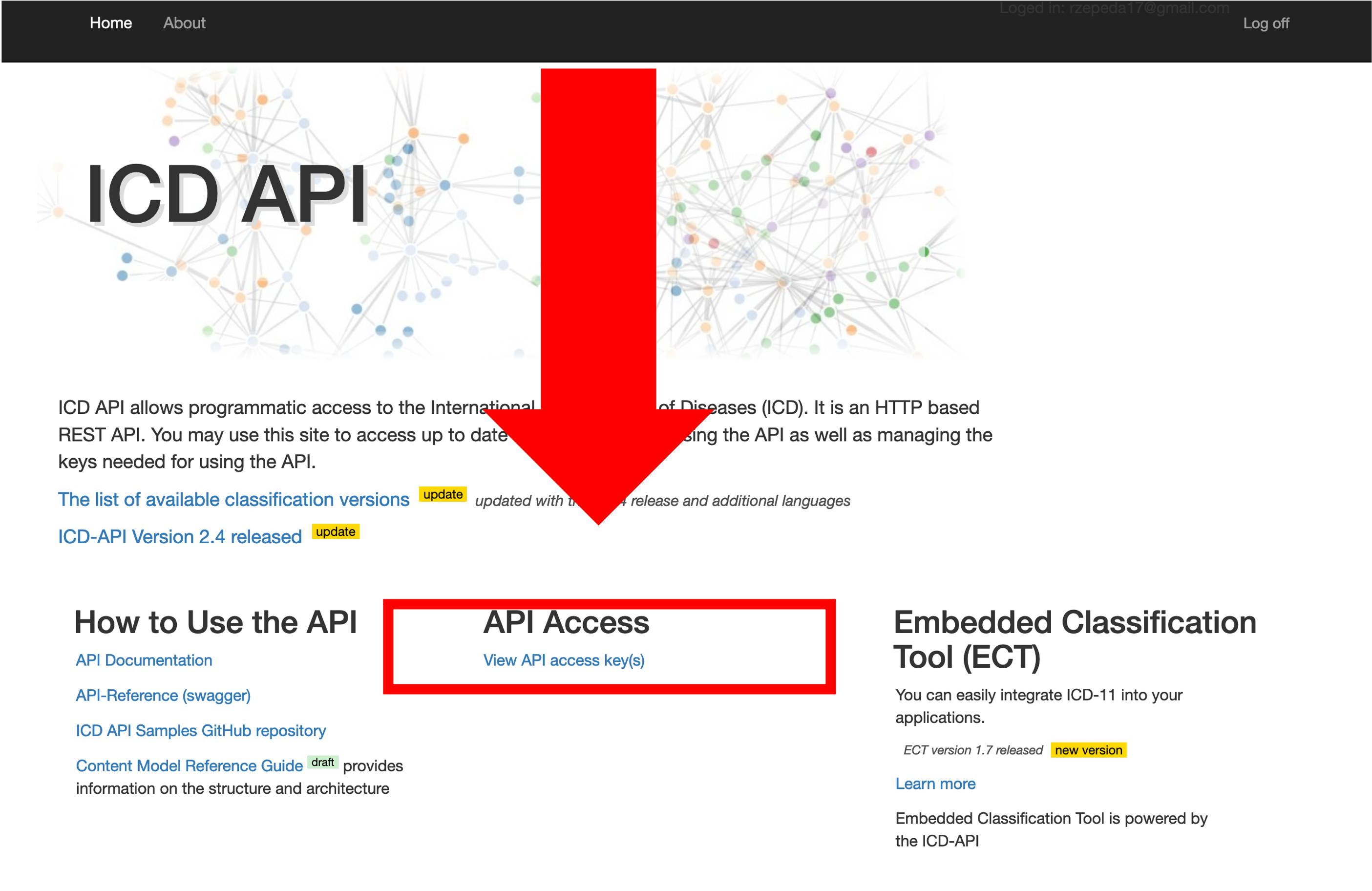 Image of API website indicating where is the button to View the API access keys